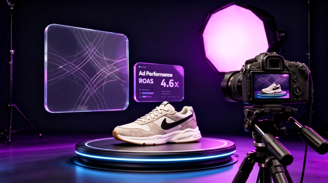 AI product shoot studio with sneaker on rotating platform, camera on tripod and floating sales growth dashboards